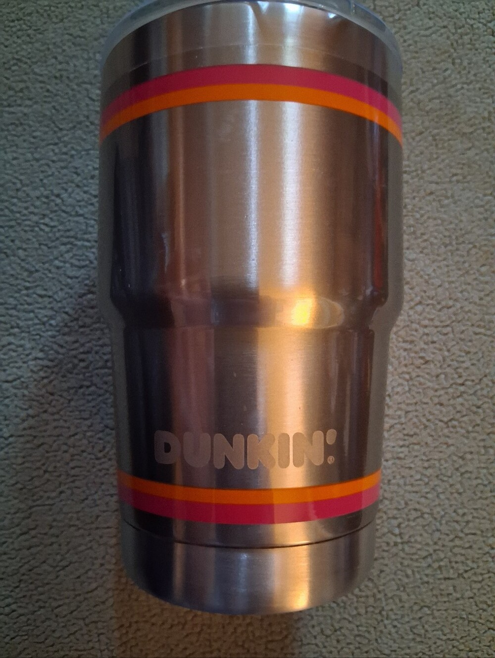 Dunkin Stainless Steel Travel Tumbler in Silver with Pink & Orange Stripes